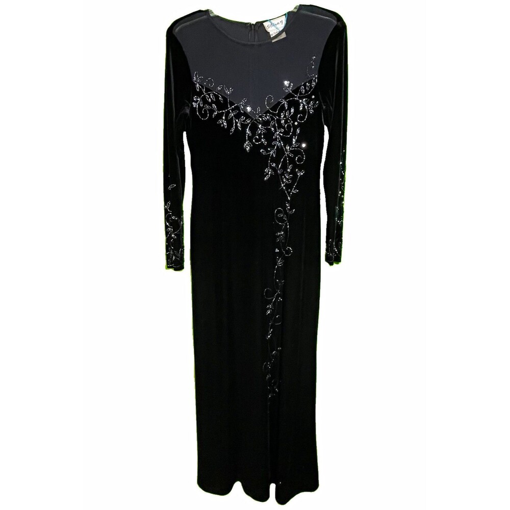 Stenay Vintage Black Velvet Maxi Dress Beaded Mesh Yoke Long Sleeve Size 6